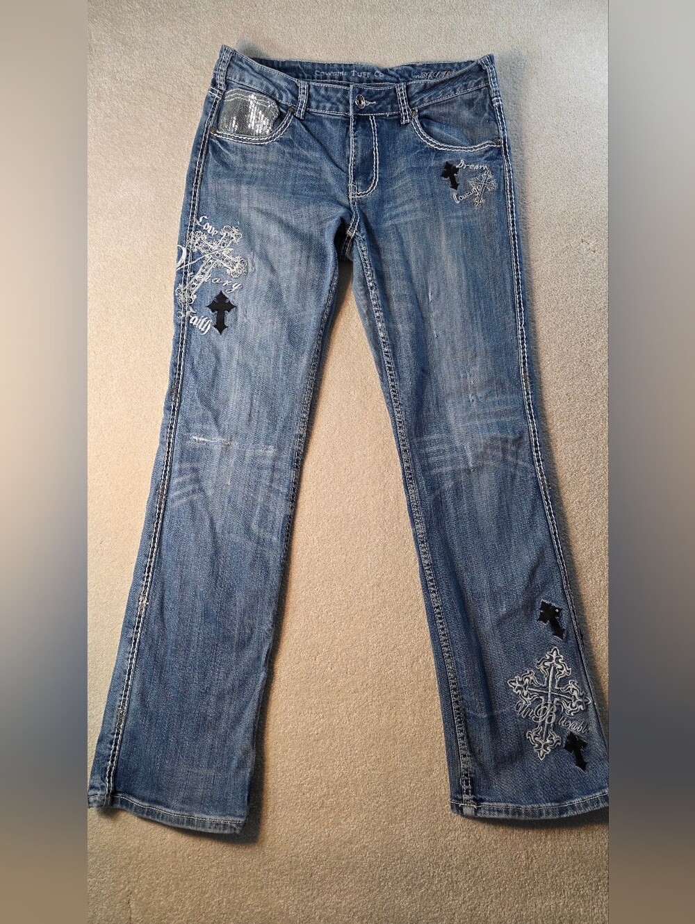 Cowgirl Tuff "Unbelievable" Mid Rise Boot Cut Distressed Cross Sequence Jeans 33